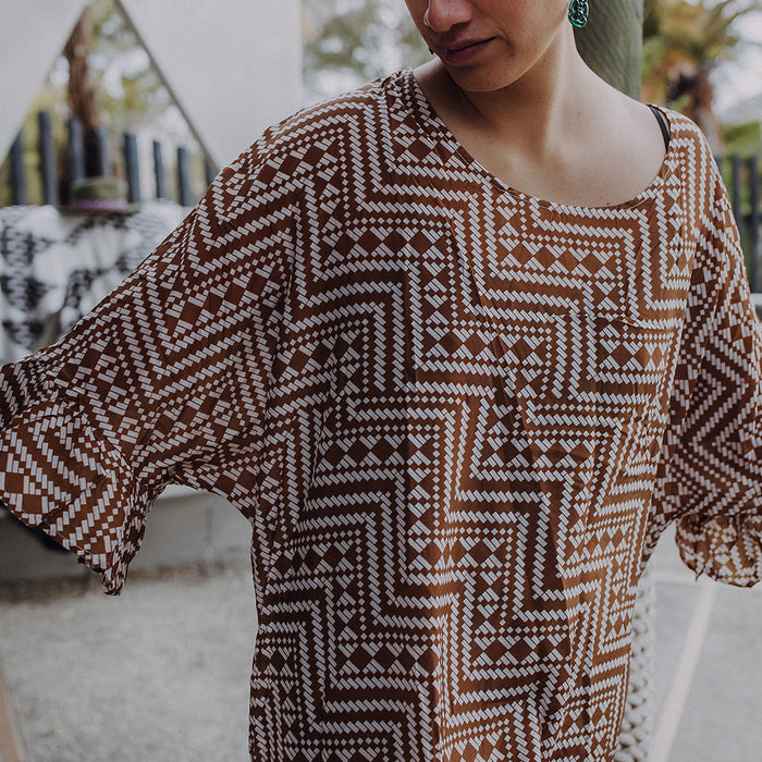 Papakirango Frill Sleeve Dress - Light Brown & White