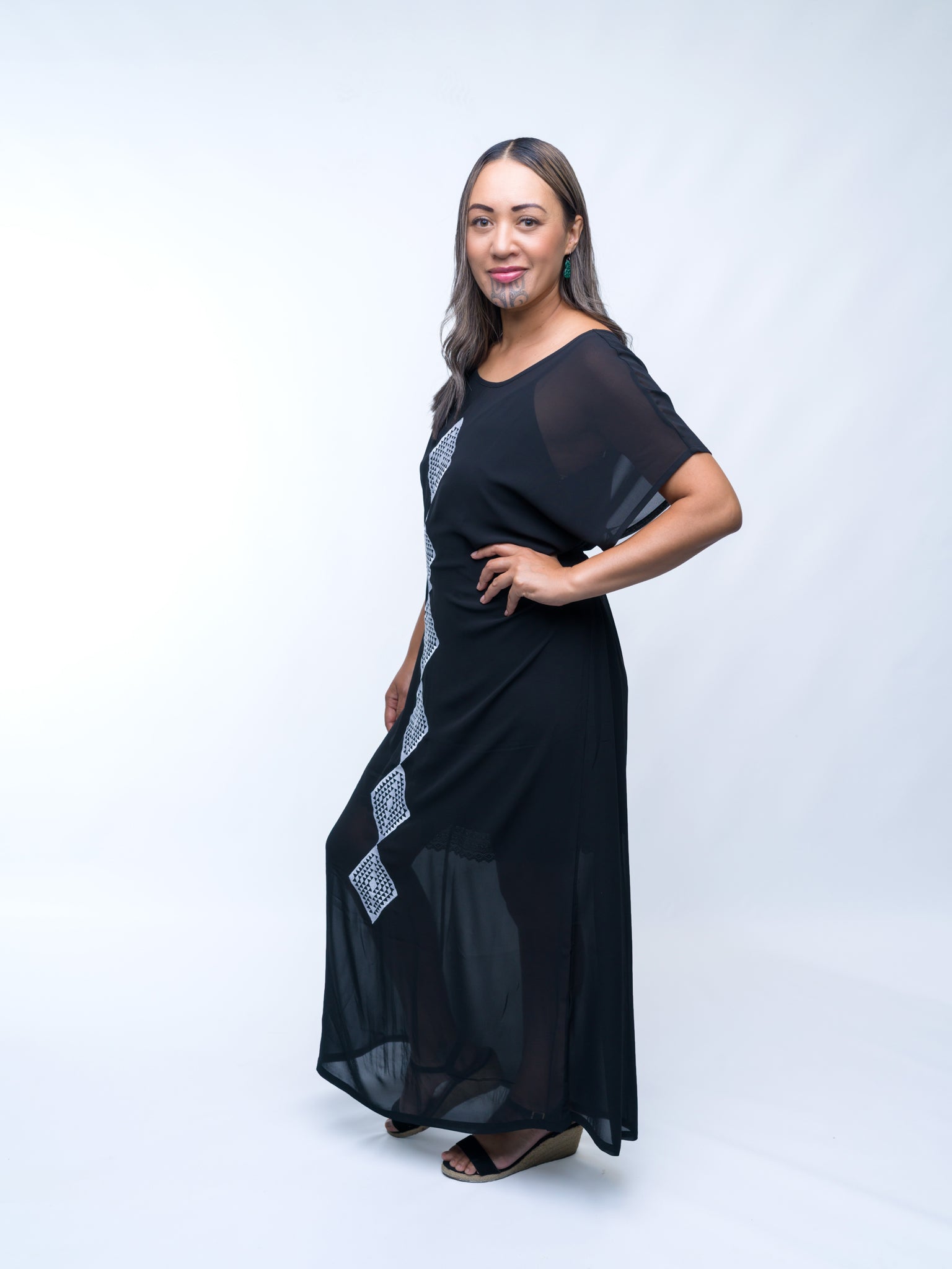 Embroidered Taimana Chiffon Dress - Black
