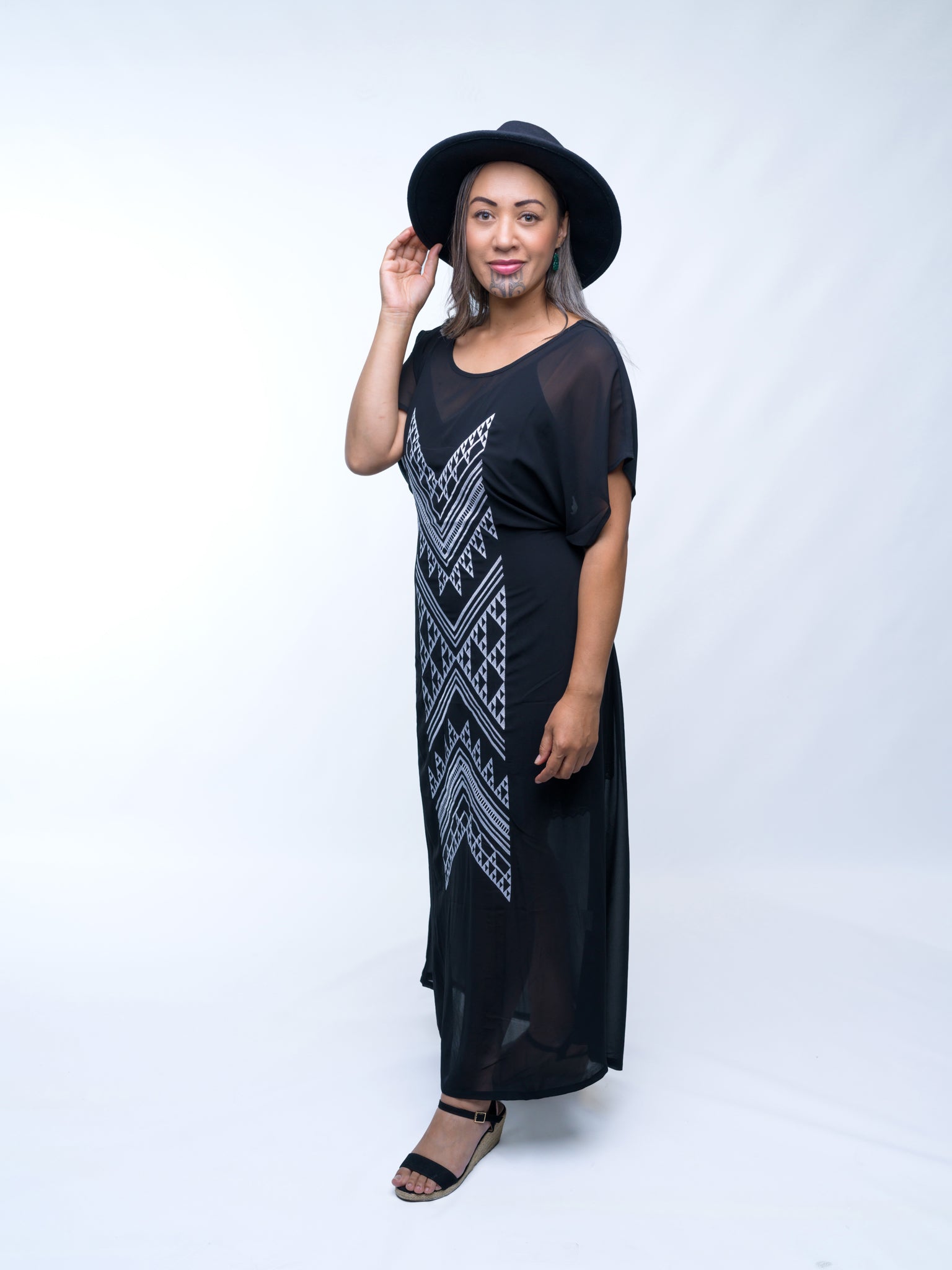 Embroidered Taniko Hou Chiffon Dress - Black