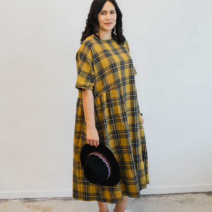 Tartan Short Sleeve Dress - Mustard