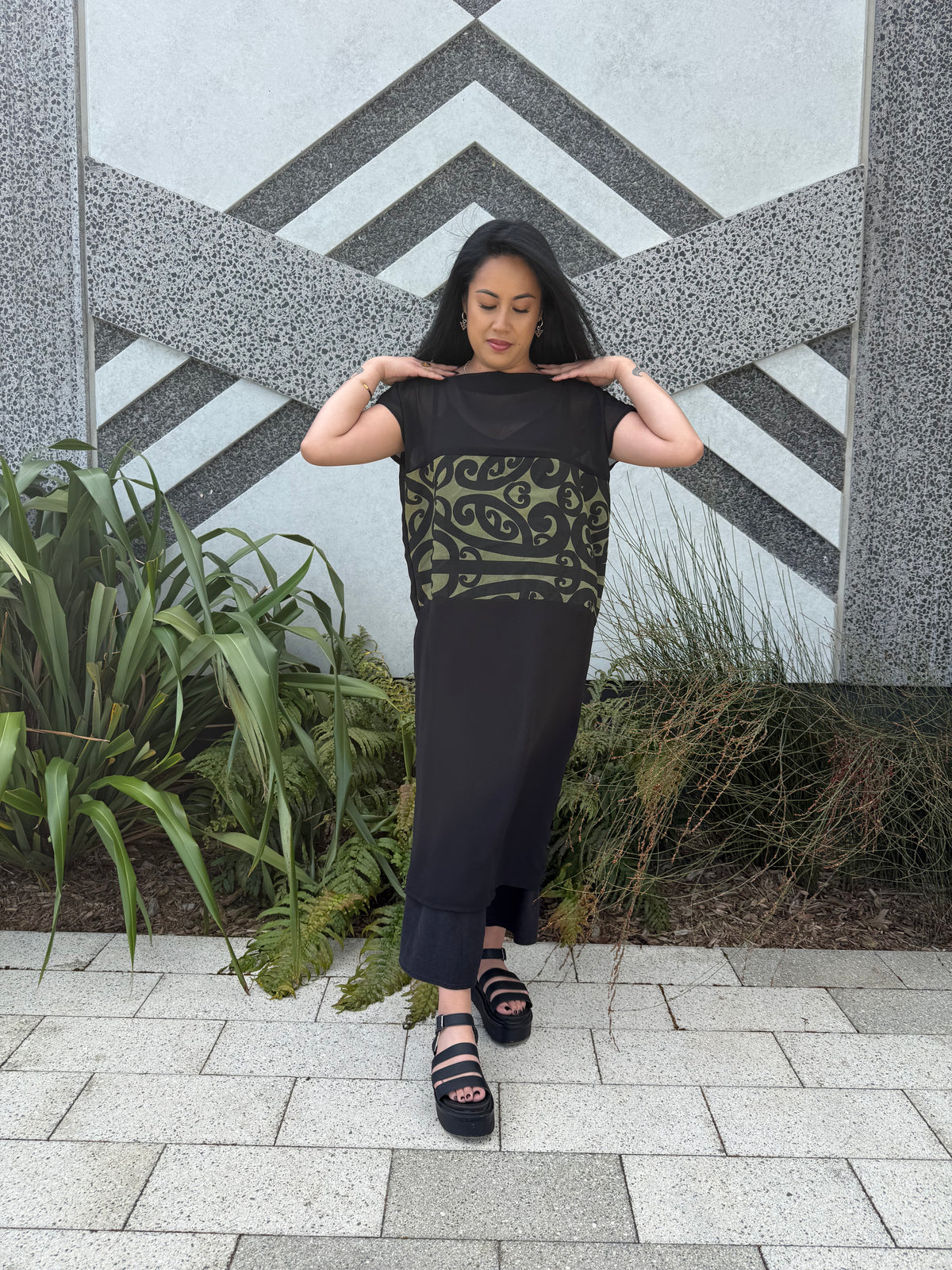 Kowhaiwhai dress - Olive + Black