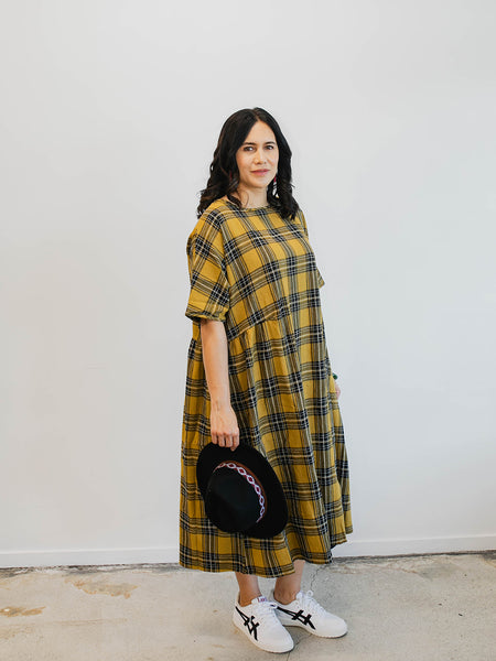 Tartan Short Sleeve Dress - Mustard