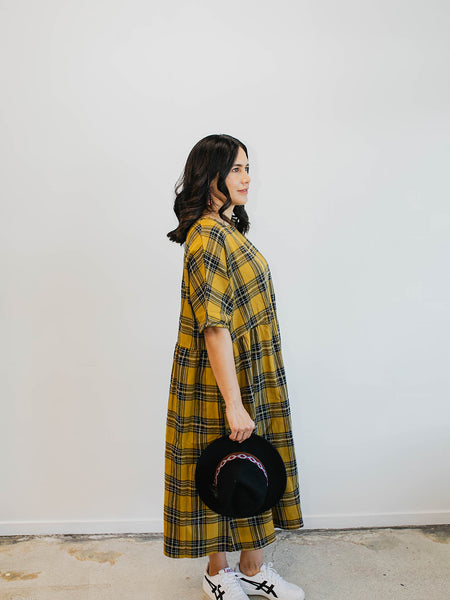 Tartan Short Sleeve Dress - Mustard