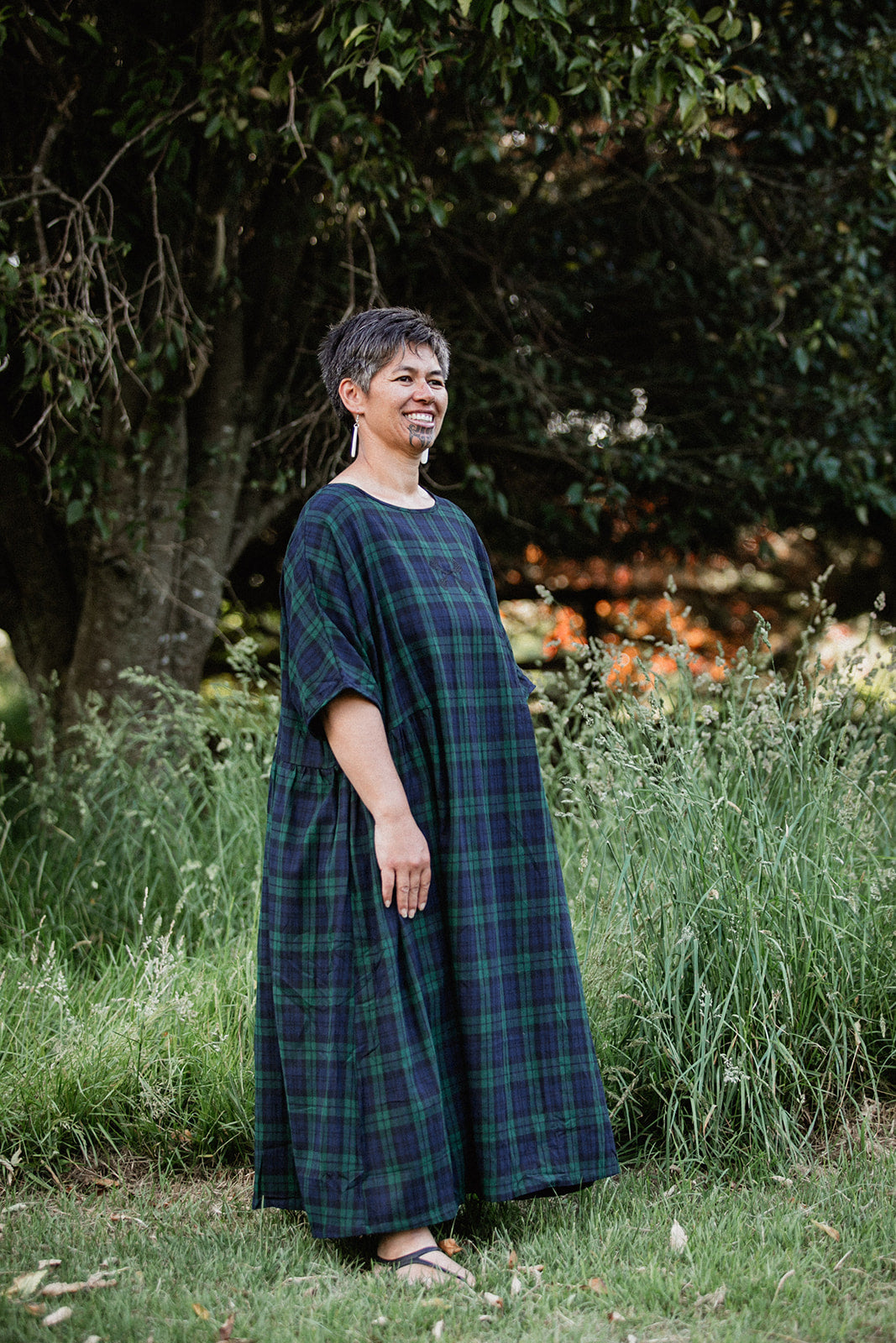 Rangitāmiro Tartan Short Sleeve Dress - Navy &amp; Green