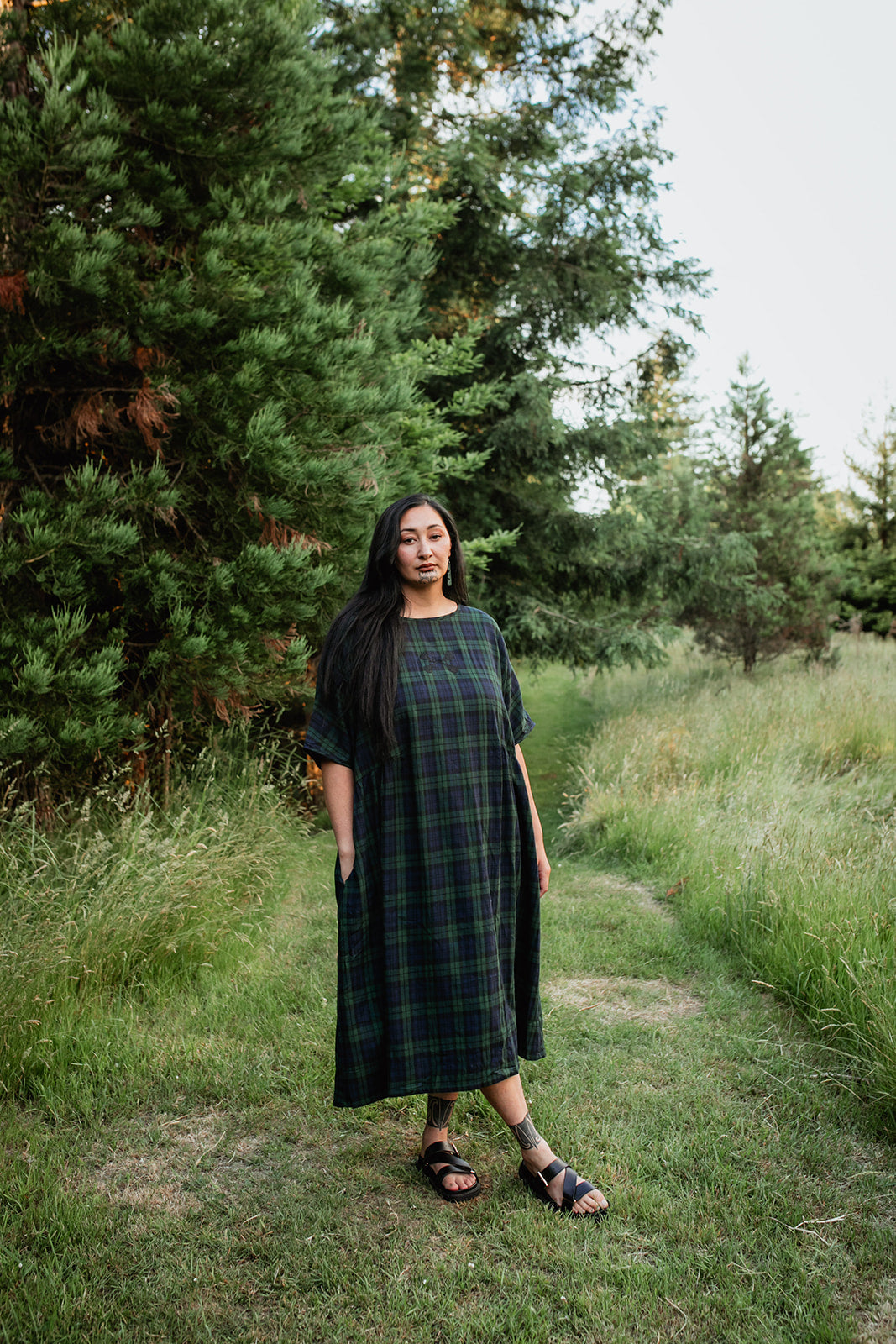 Rangitāmiro Tartan Short Sleeve Dress - Navy &amp; Green