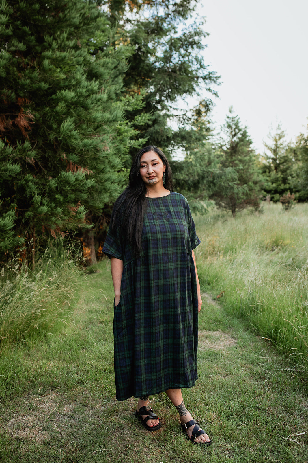 Rangitāmiro Tartan Short Sleeve Dress - Navy &amp; Green