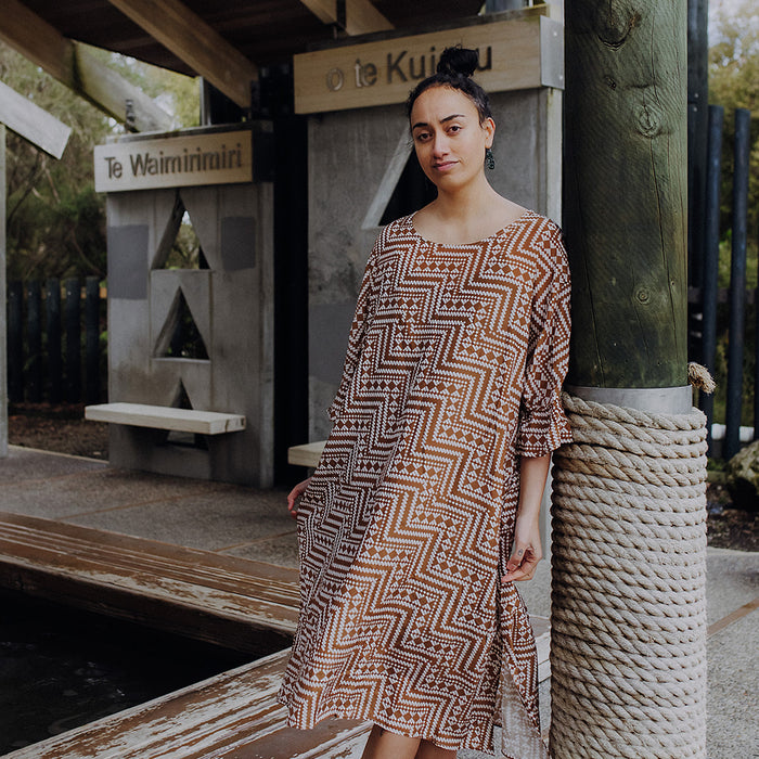Papakirango Frill Sleeve Dress - Light Brown & White