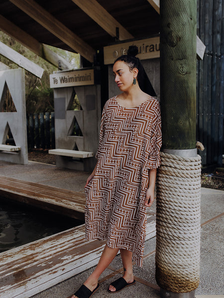 Papakirango Frill Sleeve Dress - Light Brown & White