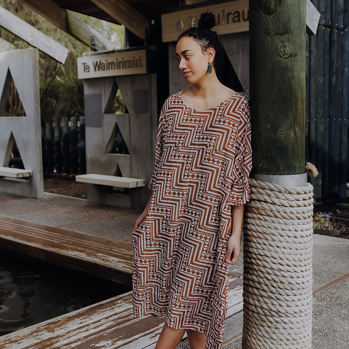 Papakirango Frill Sleeve Dress - Light Brown & White