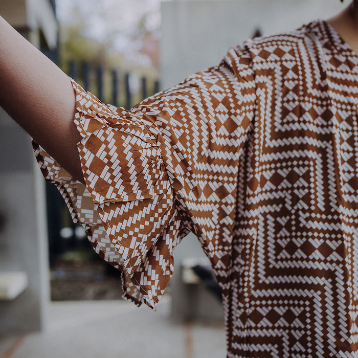 Papakirango Frill Sleeve Dress - Light Brown & White