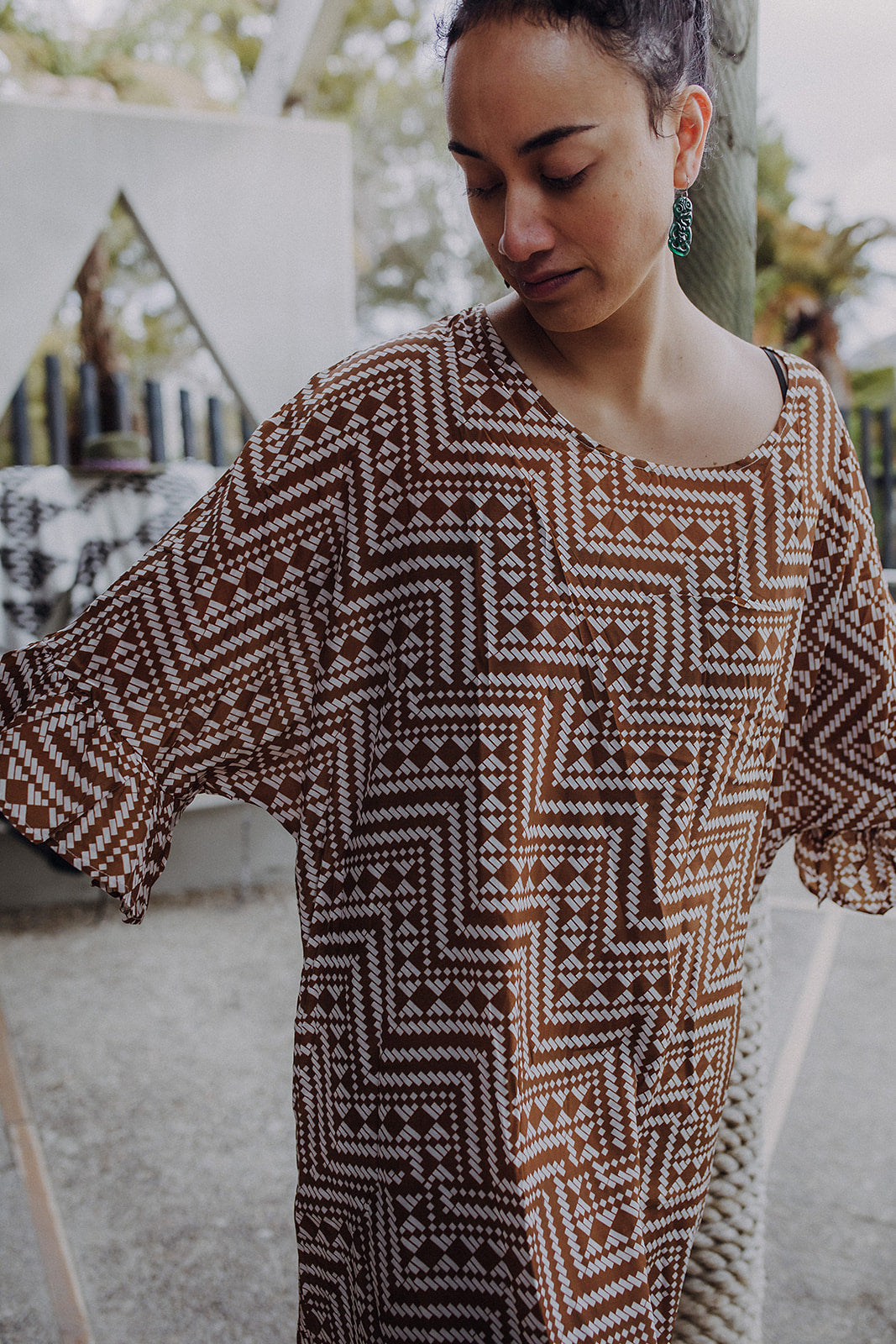 Papakirango Frill Sleeve Dress - Light Brown &amp; White