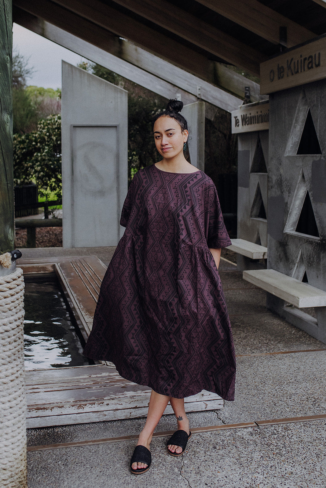 Pre Order Waharua Kōpito Short Sleeve Dress - Purple/Brown Mauve