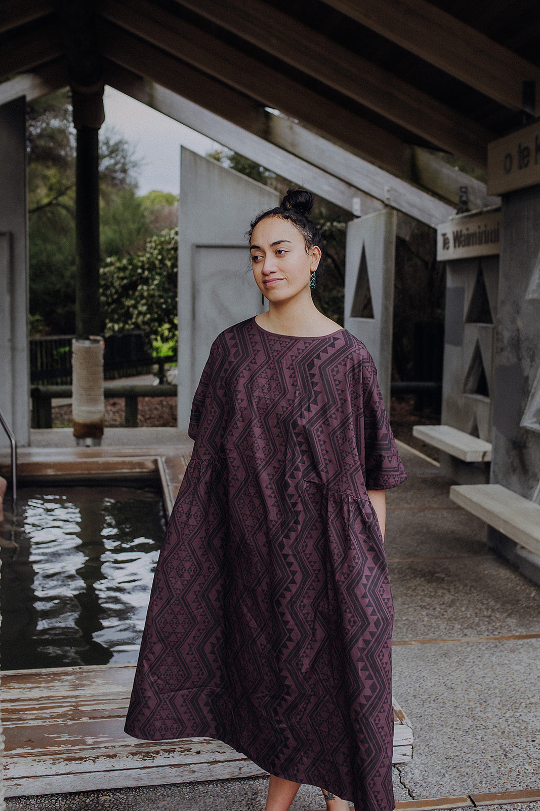 Pre Order Waharua Kōpito Short Sleeve Dress - Purple/Brown Mauve