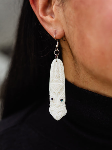 Bone Toki Earrings with Tiki Pattern