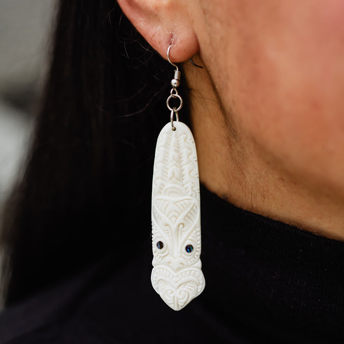 Bone Toki Earrings with Tiki Pattern