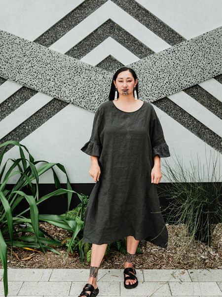 Taimana Toru Frill Sleeve Linen Dress - Dark Green