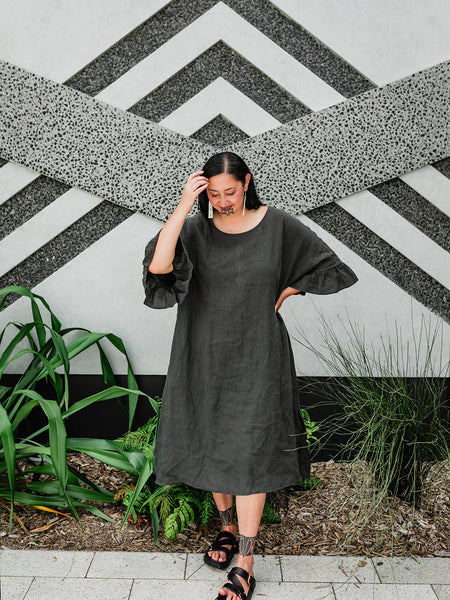 Taimana Toru Frill Sleeve Linen Dress - Dark Green