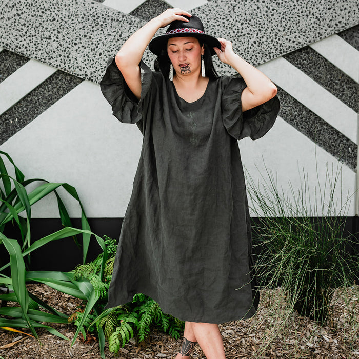 Taimana Toru Frill Sleeve Linen Dress - Dark Green