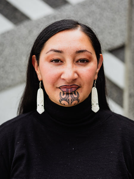 Bone Toki Earrings with Tiki Pattern