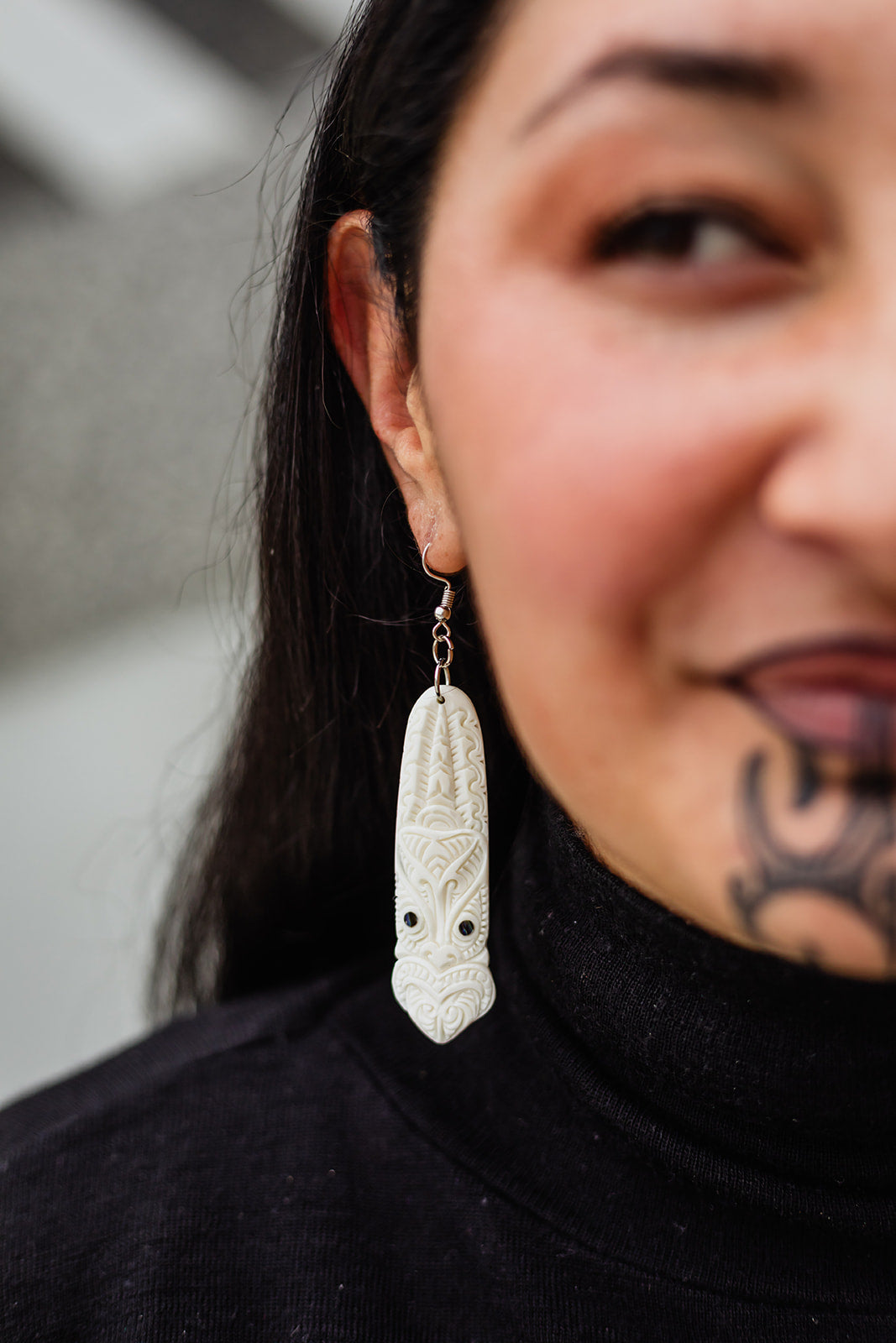 Bone Toki Earrings with Tiki Pattern