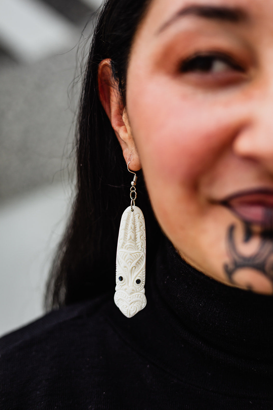 Bone Toki Earrings with Tiki Pattern