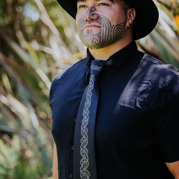 Black Necktie with Grey Kowhaiwhai