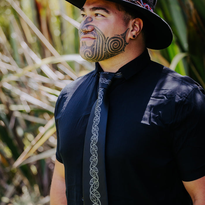 Black Necktie with Grey Kowhaiwhai