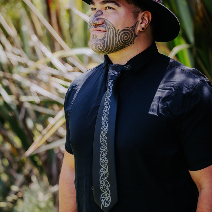 Black Necktie with Grey Kowhaiwhai