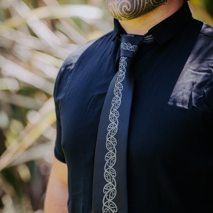 Black Necktie with Grey Kowhaiwhai