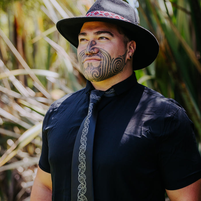 Black Necktie with Grey Kowhaiwhai