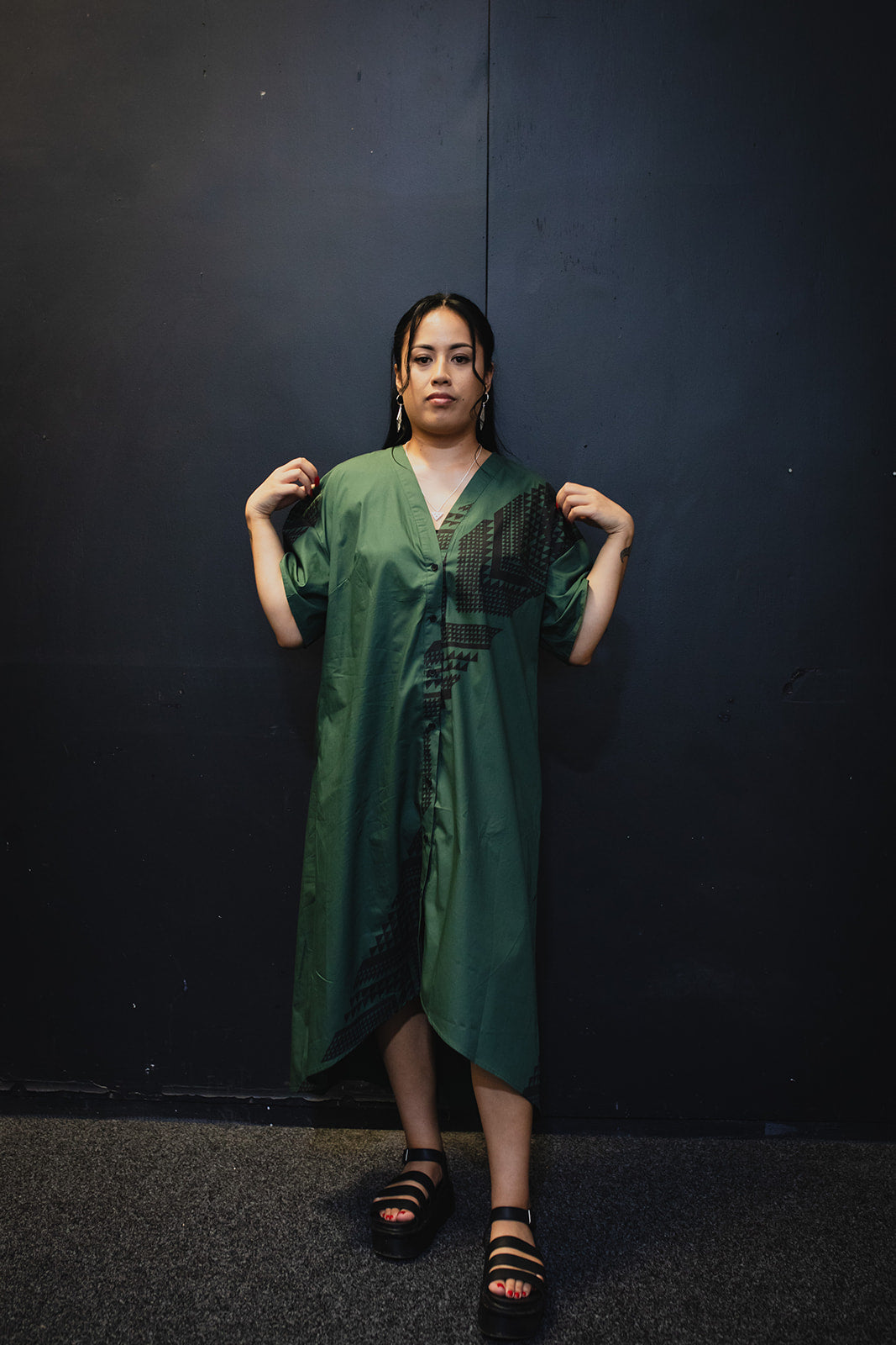 Maunga Button Dress - Green