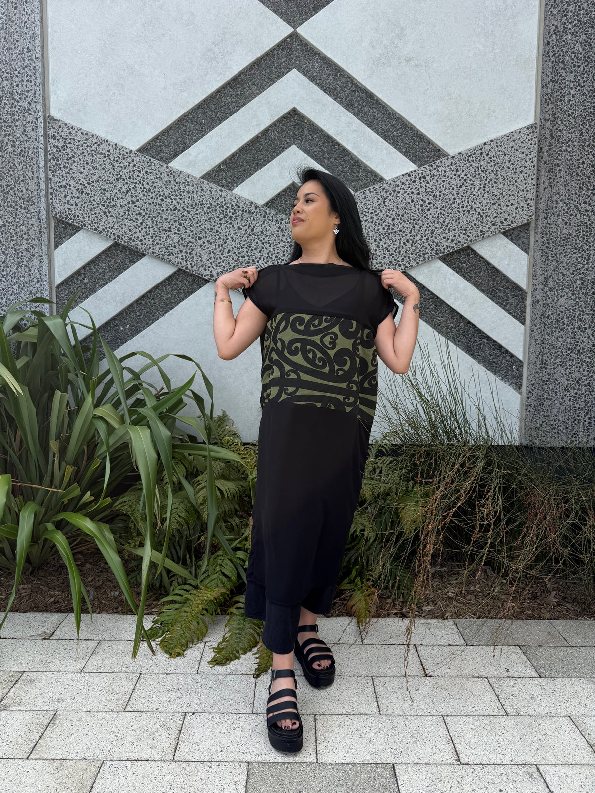 Kowhaiwhai dress - Olive + Black