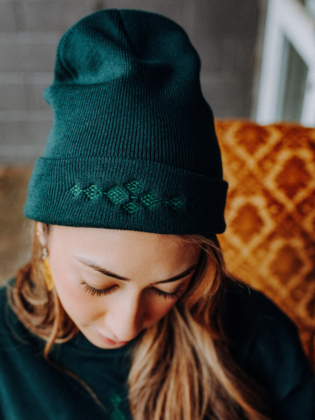 Embroidered Taniko Roa Beanie - Pine Green