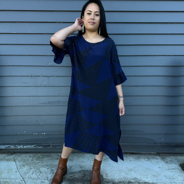 Niho Taniwha Frill Sleeve Dress - Navy