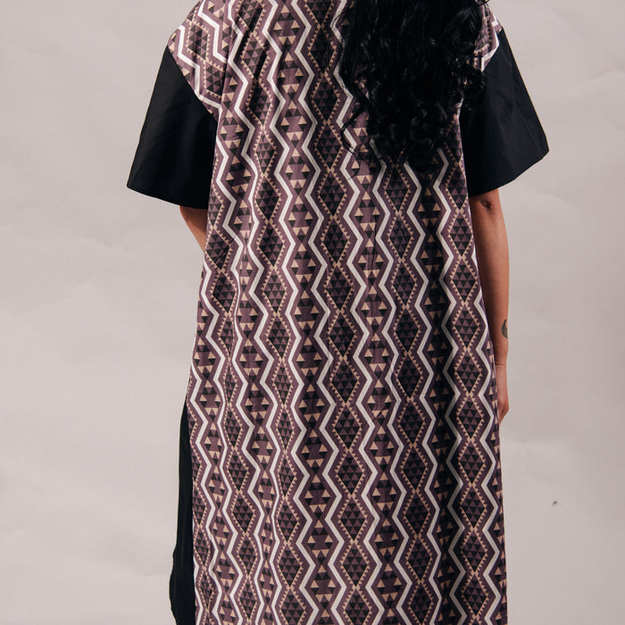 Aronui Button Cotton Dress - Black, White & Blush