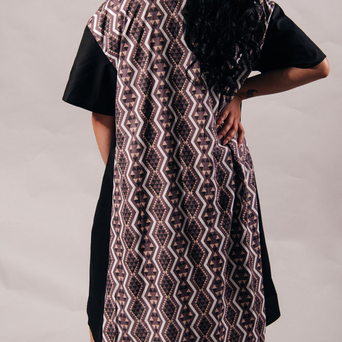 Aronui Button Cotton Dress - Black, White & Blush