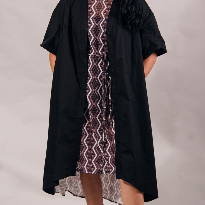 Aronui Button Cotton Dress - Black, White & Blush