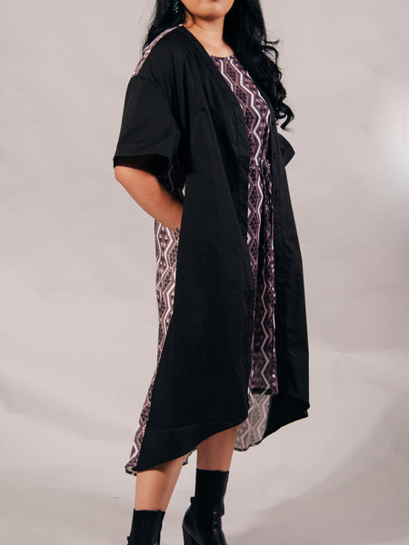 Aronui Button Cotton Dress - Black, White & Blush