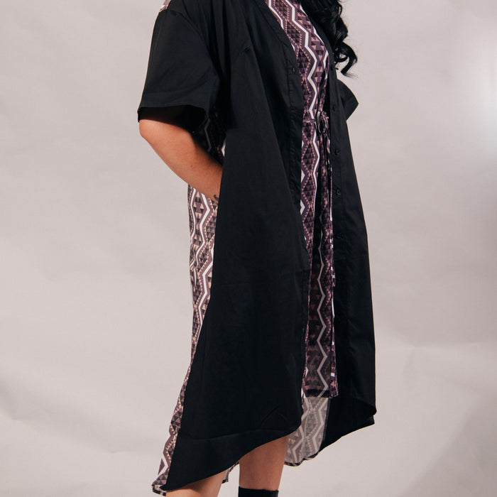 Aronui Button Cotton Dress - Black, White & Blush
