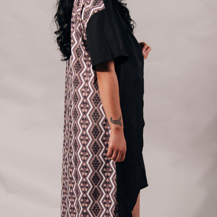 Aronui Button Cotton Dress - Black, White & Blush