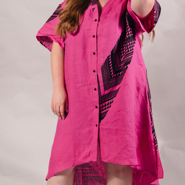 Maunga Button Linen Dress - Pink