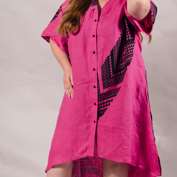 Maunga Button Linen Dress - Pink