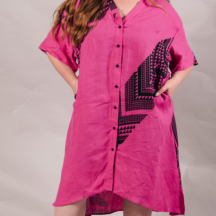 Maunga Button Linen Dress - Pink