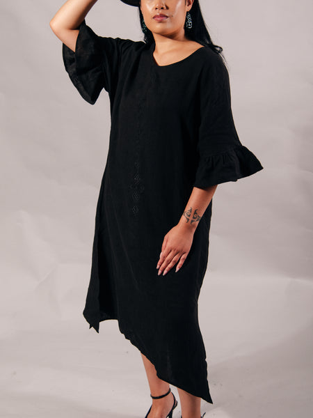 Taniko Waru Embroidered Frill Sleeve Dress - Black