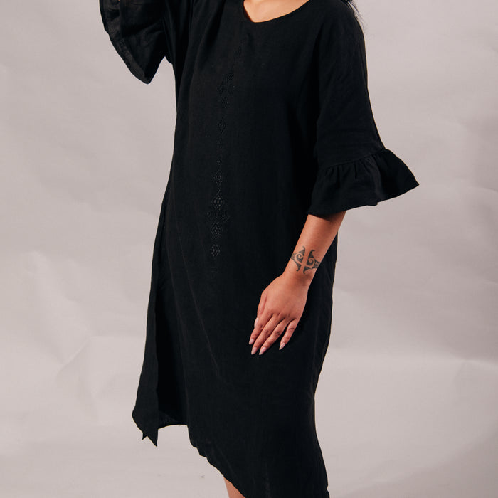 Taniko Waru Embroidered Frill Sleeve Dress - Black