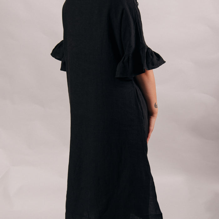 Taniko Waru Embroidered Frill Sleeve Dress - Black