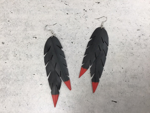 Pīata Double Feather Red Tip Long Earrings