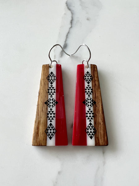 Red & White Resin & Walnut Wood Taniko Rima Earrings