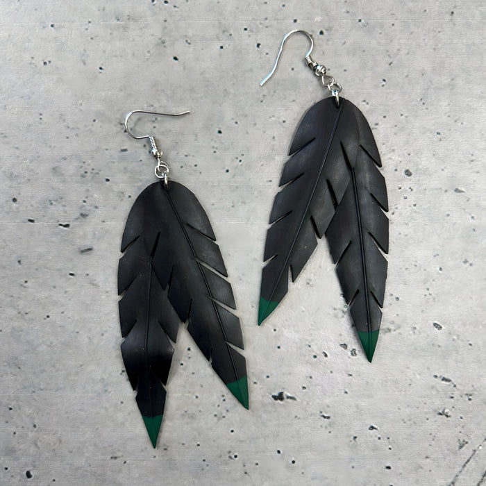 Pīata Double Feather Green Tip Short Earrings