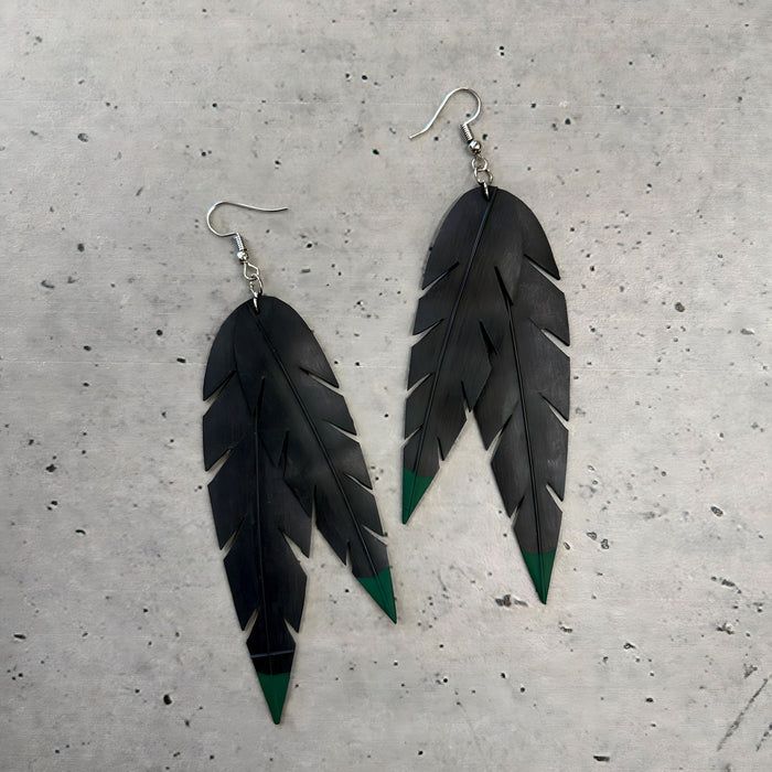 Pīata Double Feather Green Tip Long Earrings